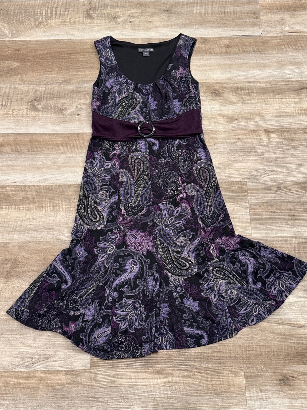 Covington Dark Purple Paisley Sleeveless Empire Waist Flared Dress